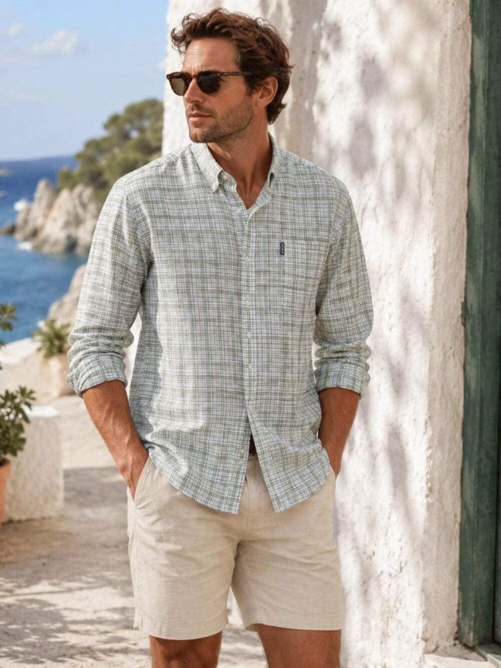 Barbour SZ M Tattersall 19 Tailored Fit White Green Check Button-Down Shirt